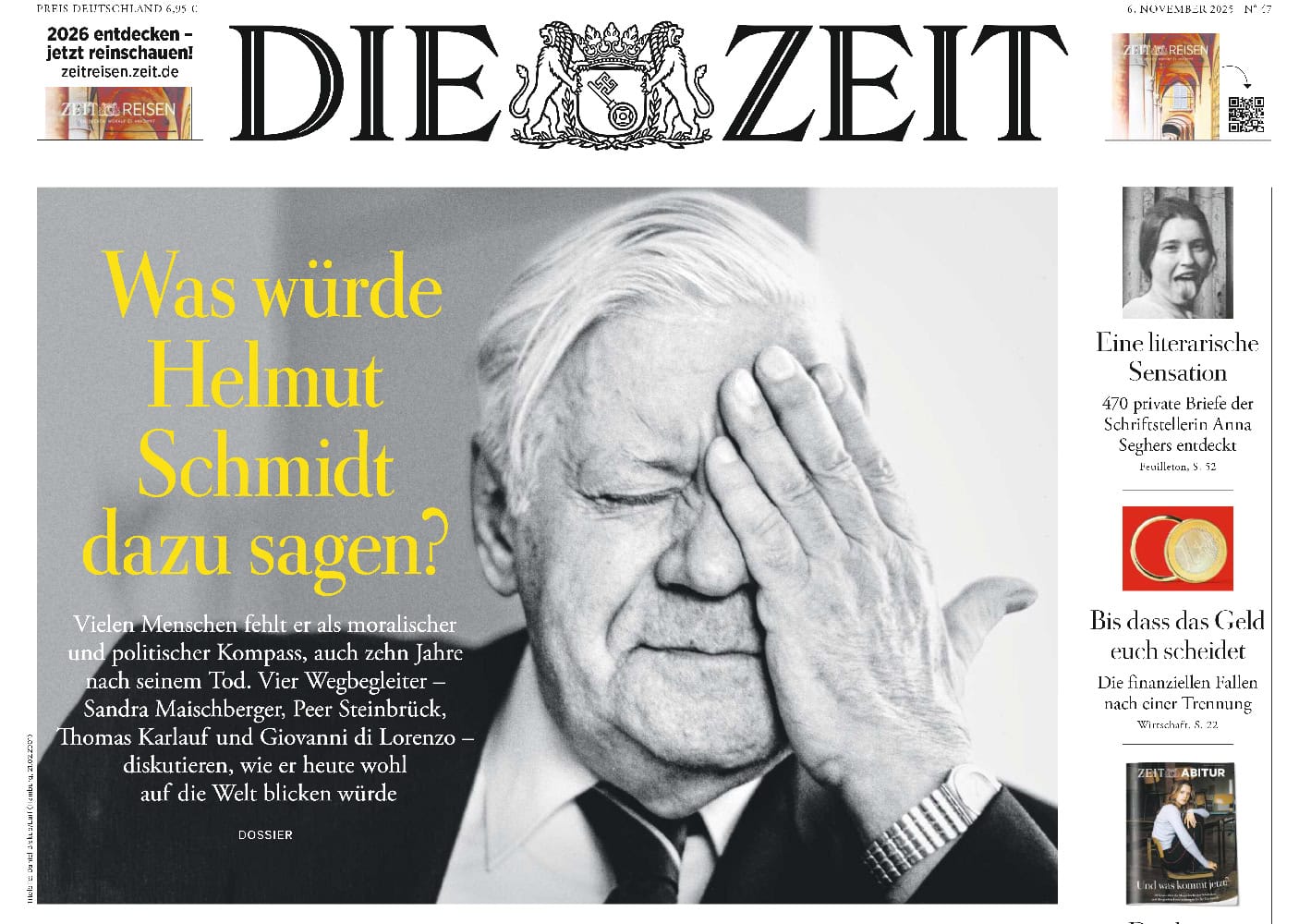 Helmut Schmidt, ikonischer Politiker, auf Titelseite der Zeitungsnummer 17, mit nachdenklichem Ausdruck und Hand vor dem Gesicht.