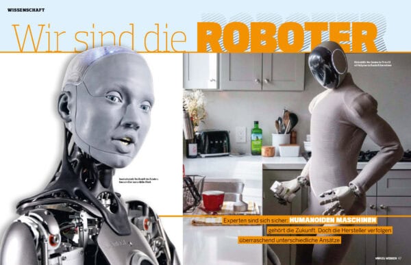 Roboterkopf mit menschlicher Mimik in Nahaufnahme.