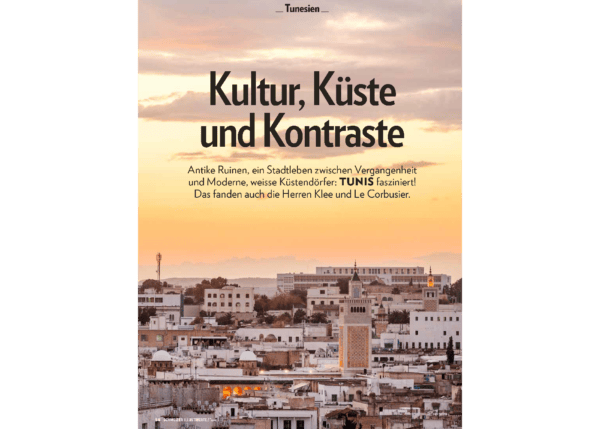 Magazinseite mit einem Sonnenuntergang über Tunis