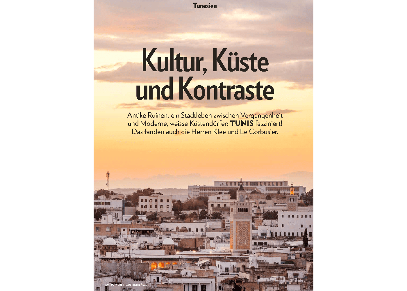 Magazinseite mit einem Sonnenuntergang über Tunis