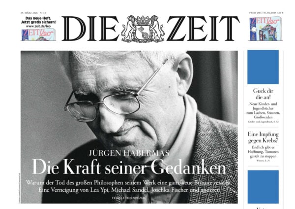 Jürgen Habermas, bedeutender Philosoph, im Schwarz-Weiß-Bild, mit Brille, nachdenklich blickend.